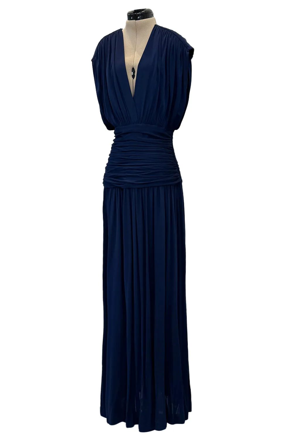 Resort 1986 Yves Saint Laurent Deep Plunge Front Blue Draped Silk Jersey Dress
