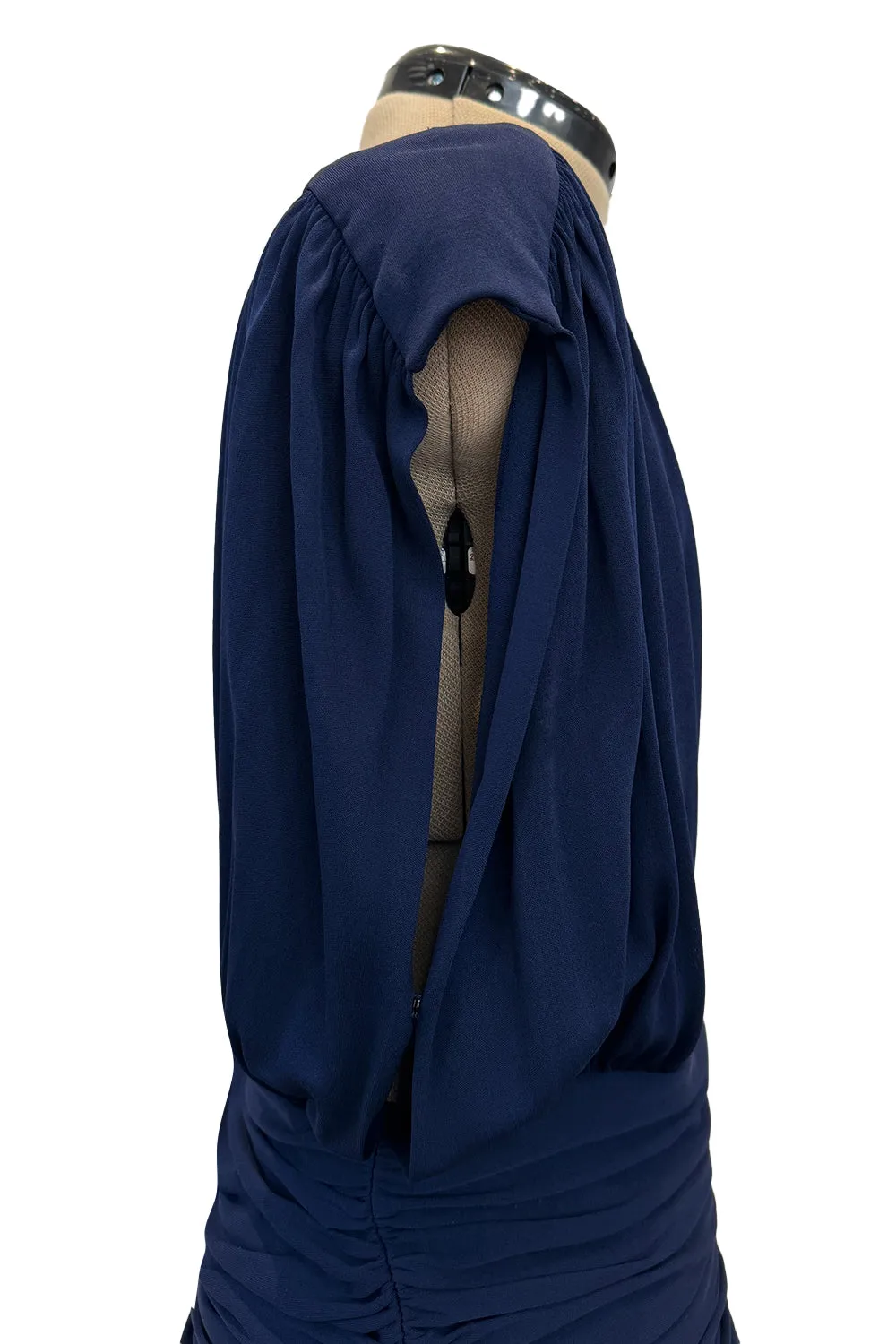 Resort 1986 Yves Saint Laurent Deep Plunge Front Blue Draped Silk Jersey Dress