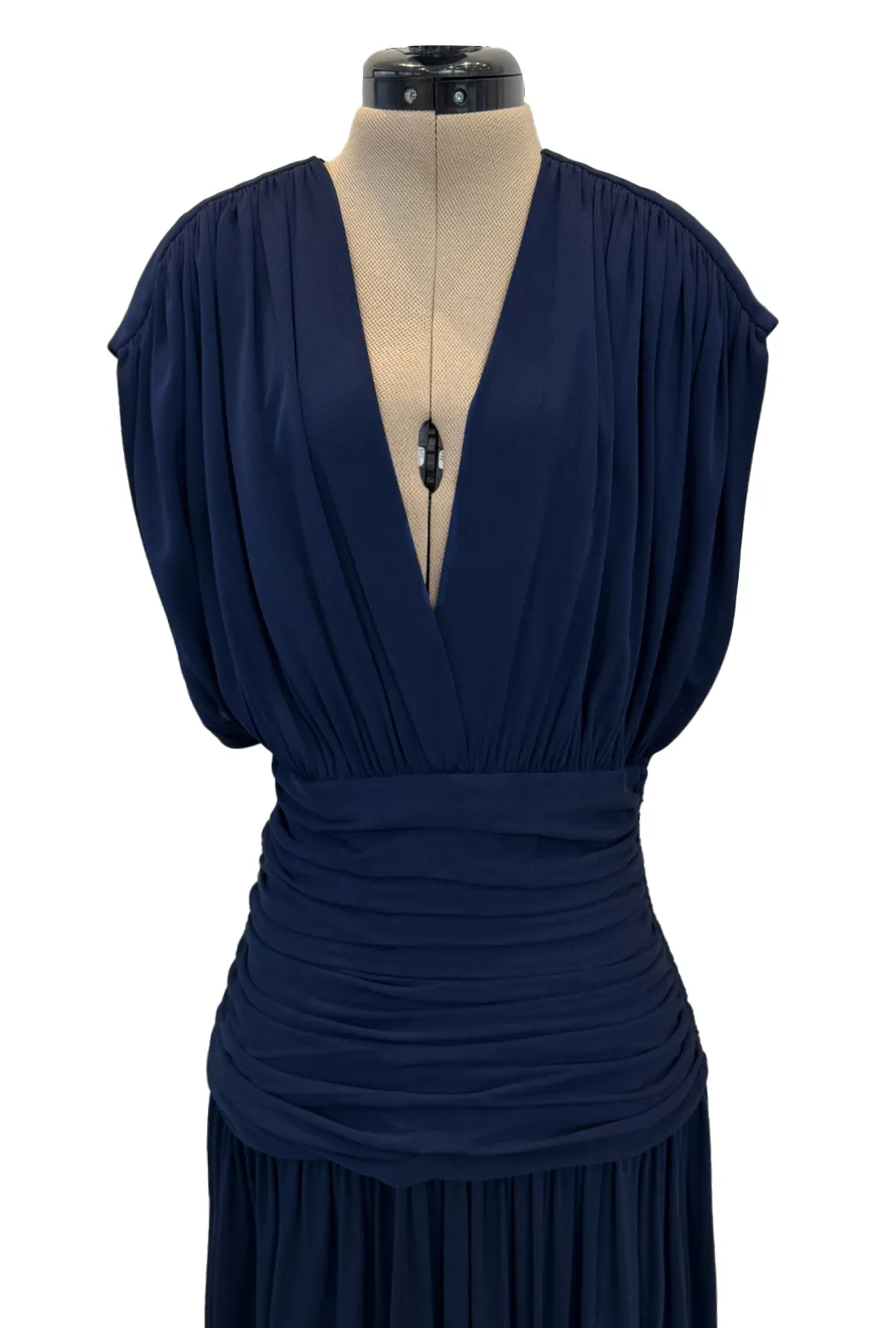 Resort 1986 Yves Saint Laurent Deep Plunge Front Blue Draped Silk Jersey Dress