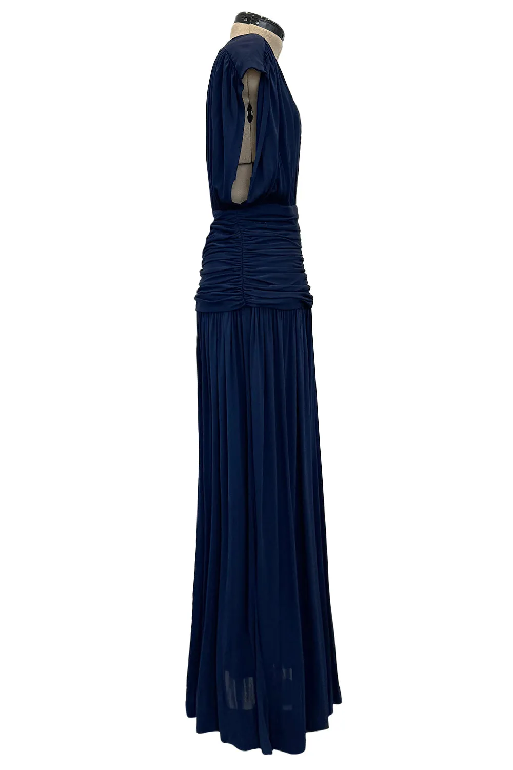 Resort 1986 Yves Saint Laurent Deep Plunge Front Blue Draped Silk Jersey Dress