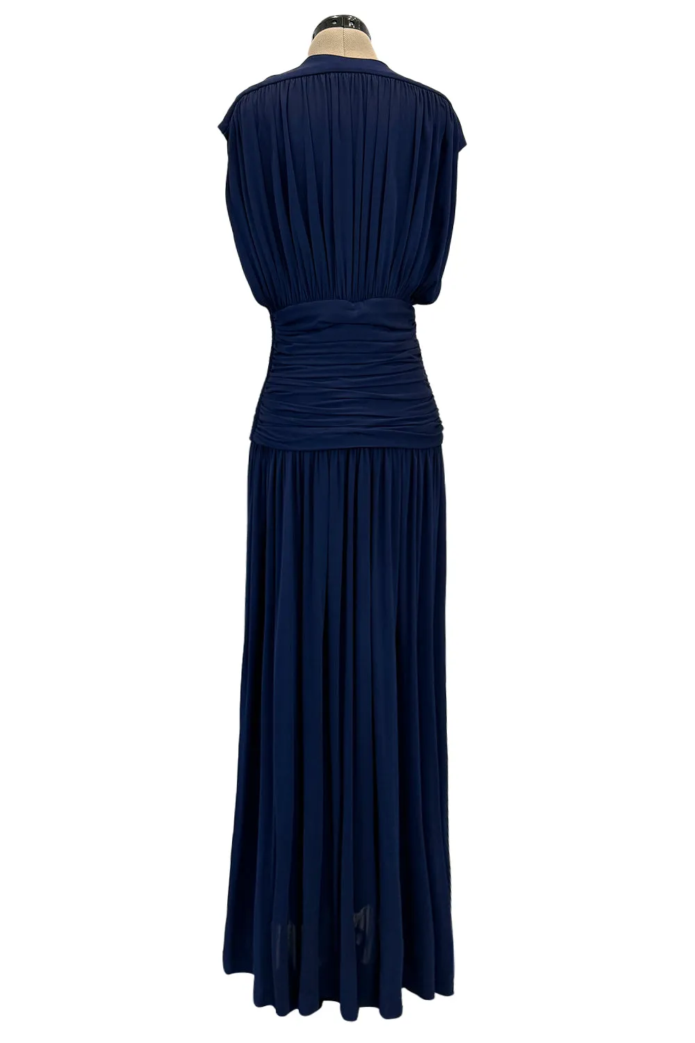 Resort 1986 Yves Saint Laurent Deep Plunge Front Blue Draped Silk Jersey Dress