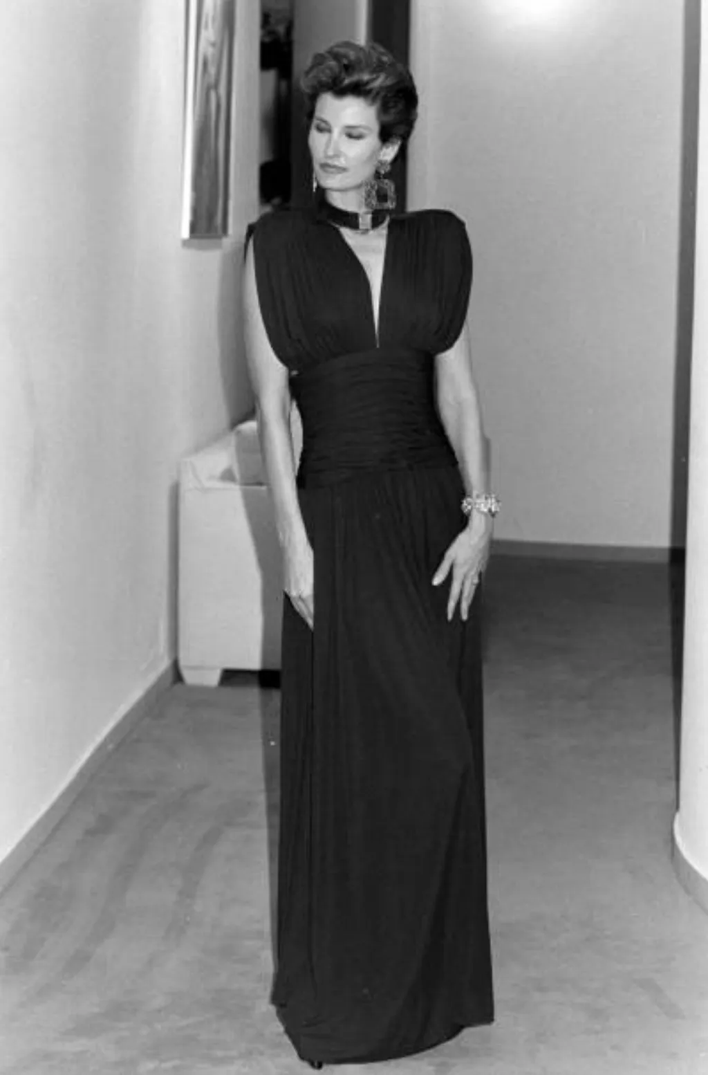 Resort 1986 Yves Saint Laurent Deep Plunge Front Blue Draped Silk Jersey Dress