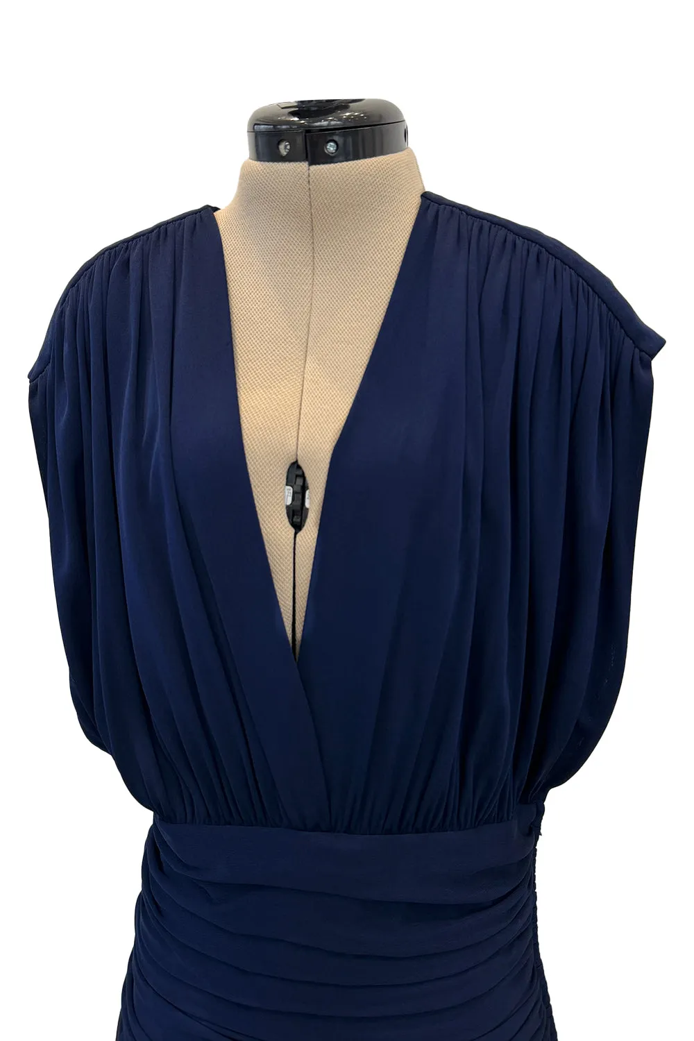 Resort 1986 Yves Saint Laurent Deep Plunge Front Blue Draped Silk Jersey Dress
