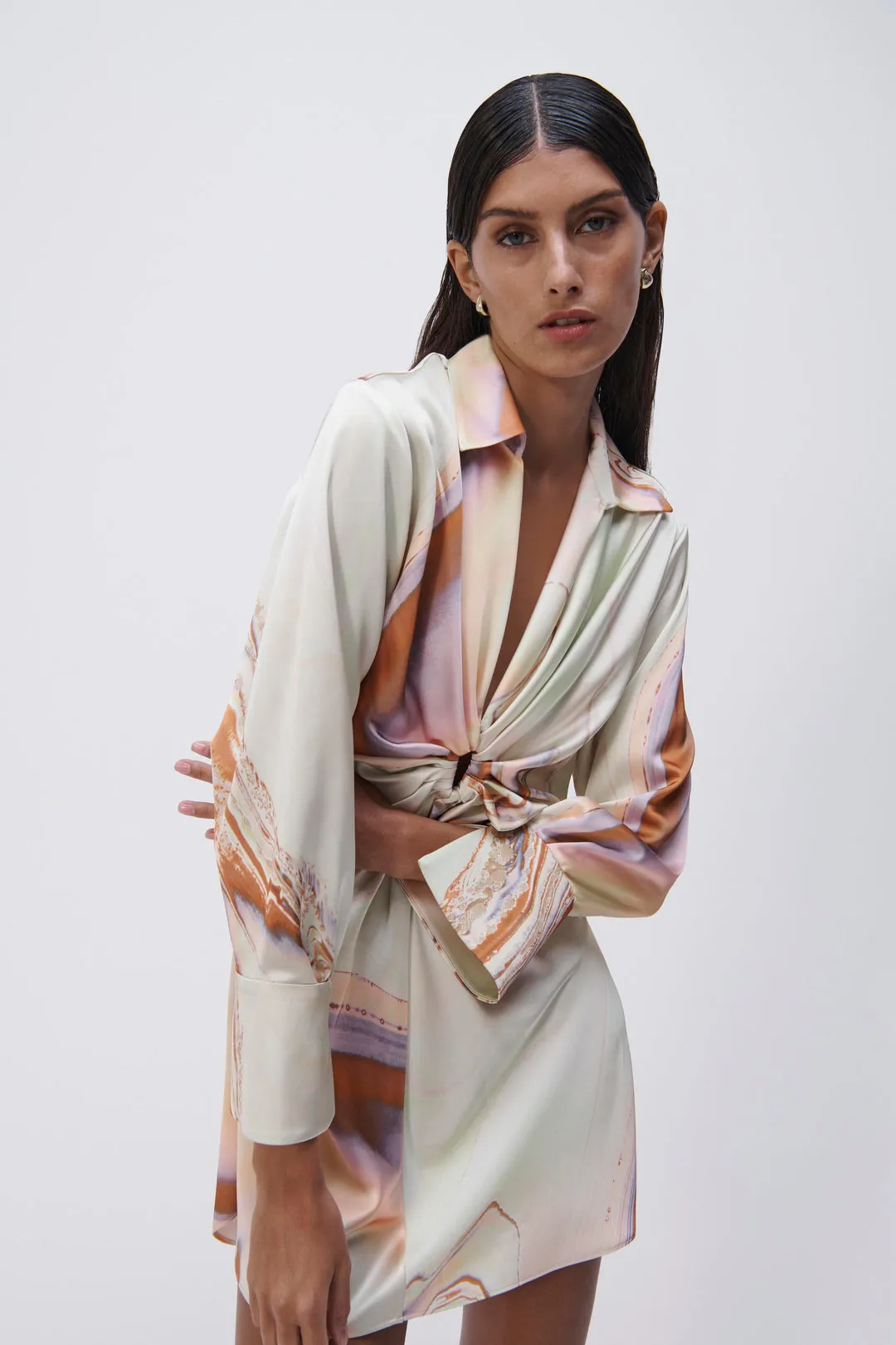 Roma Marble Printed Satin Draped Front Mini Dress - Seafoam Marble Print