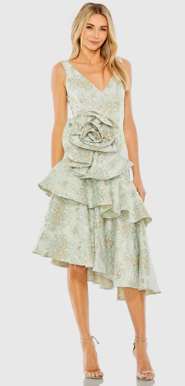Rose Detail Asymmetrical Brocade Dress