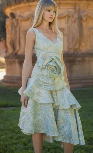 Rose Detail Asymmetrical Brocade Dress