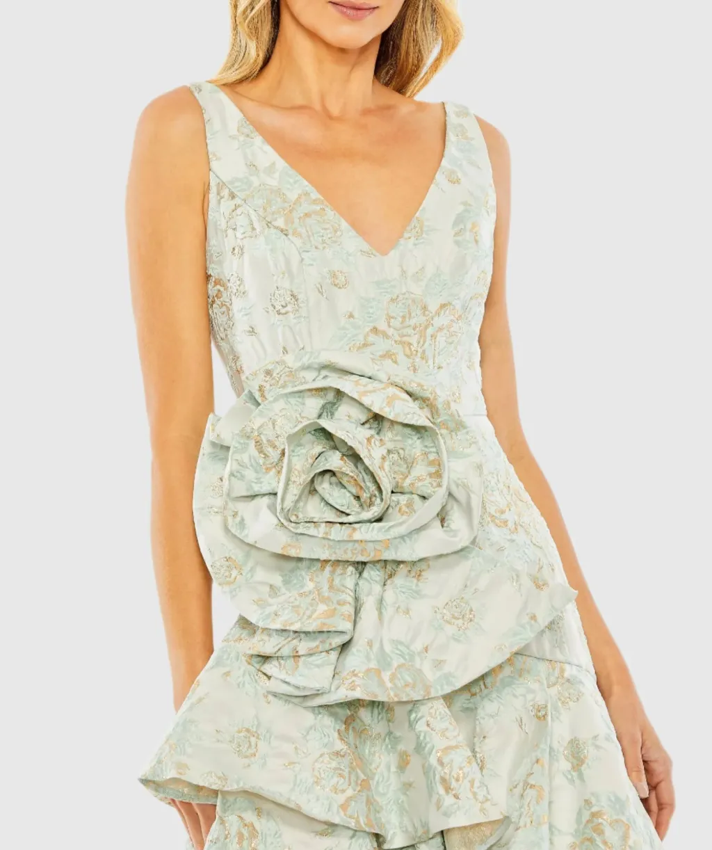 Rose Detail Asymmetrical Brocade Dress
