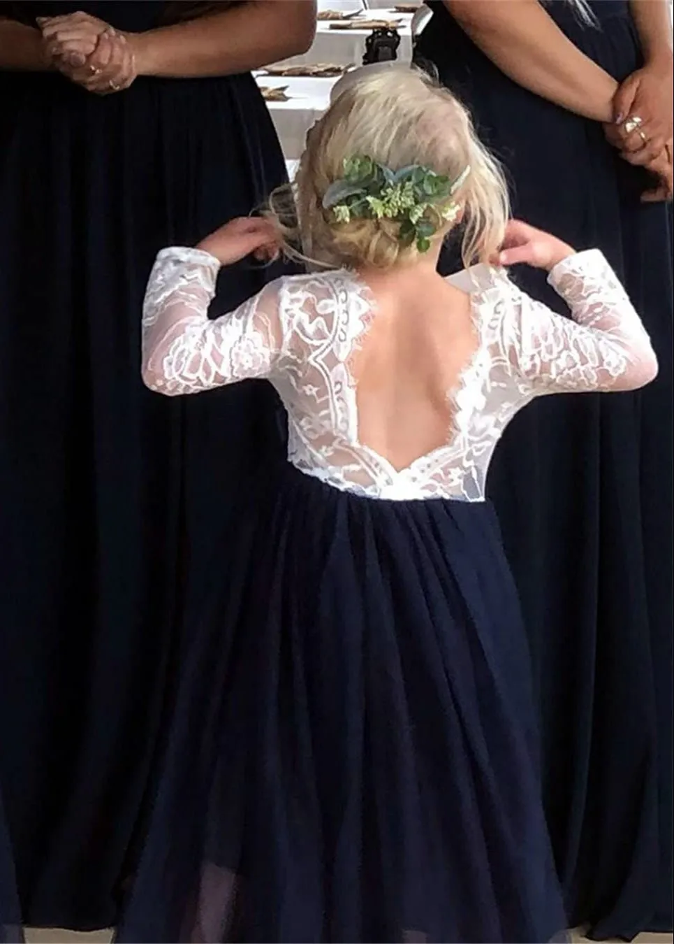Rose Lace Flower Girl Dress in Navy