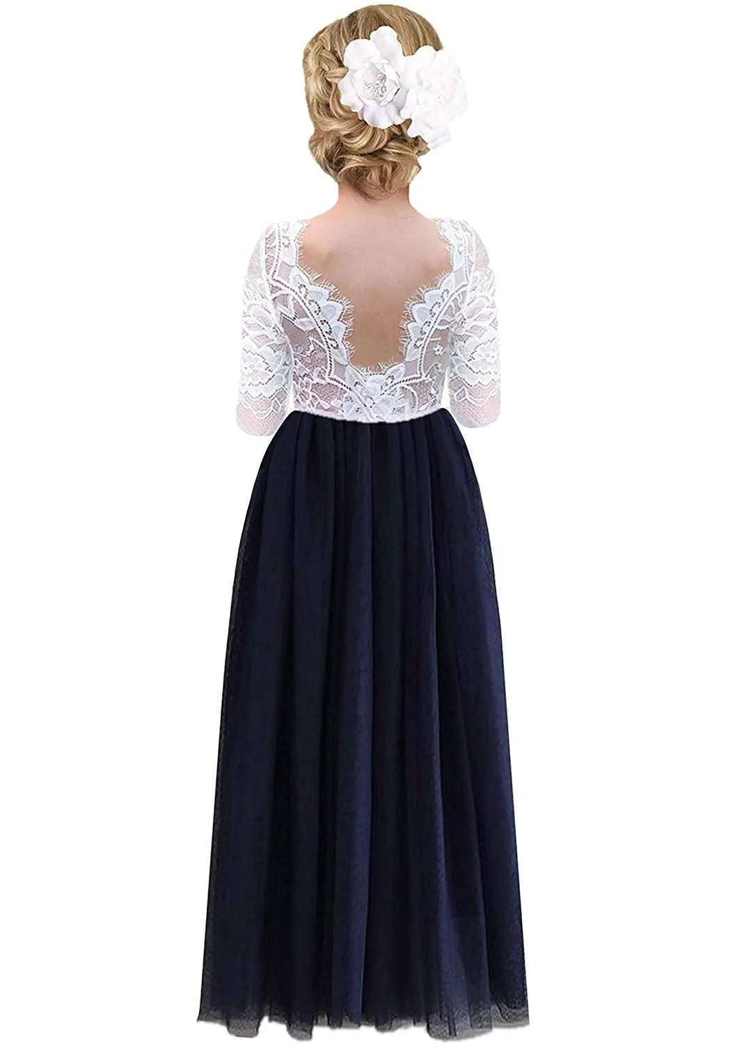 Rose Lace Flower Girl Dress in Navy