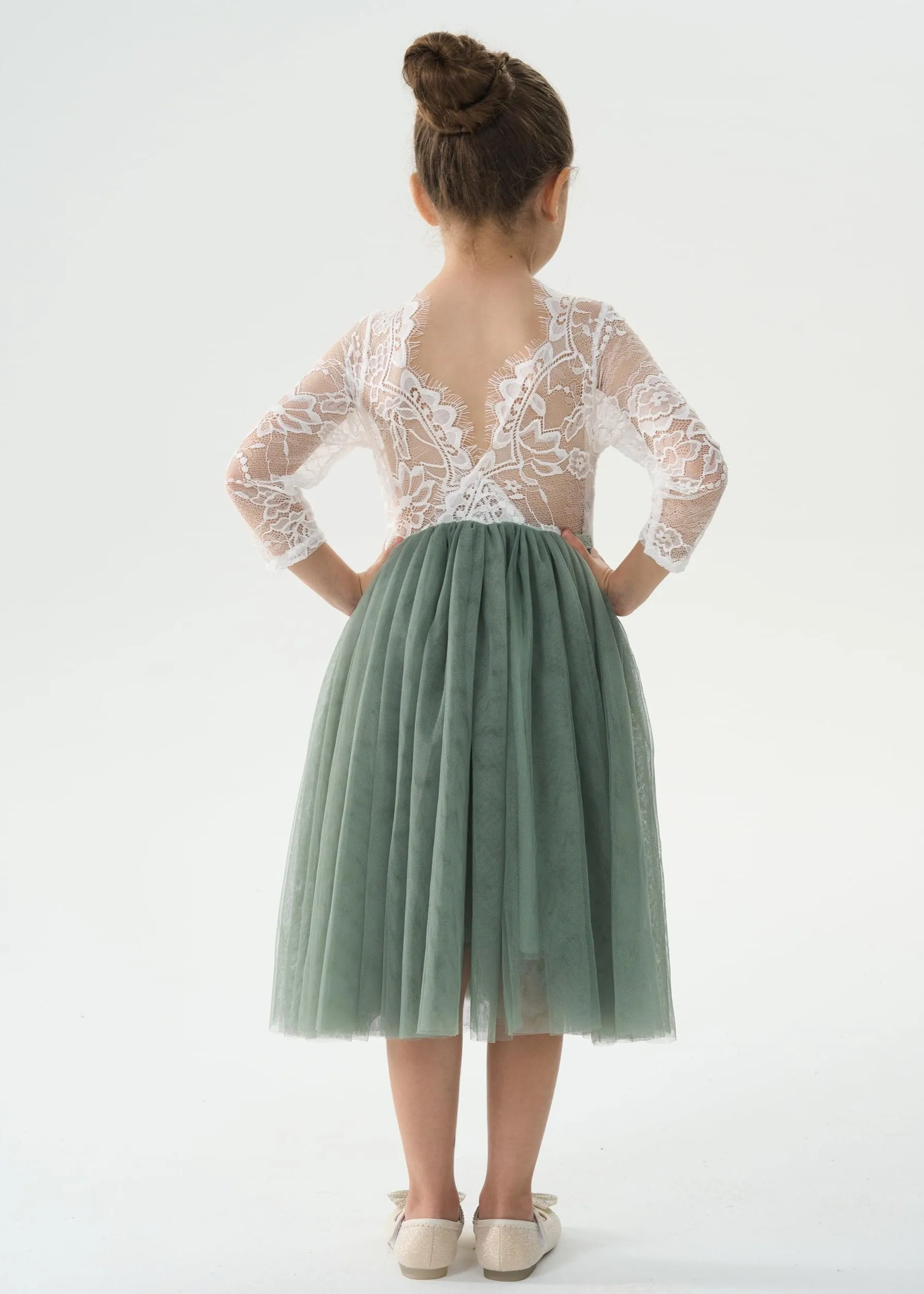 Rose Lace Flower Girl Dress in Sage