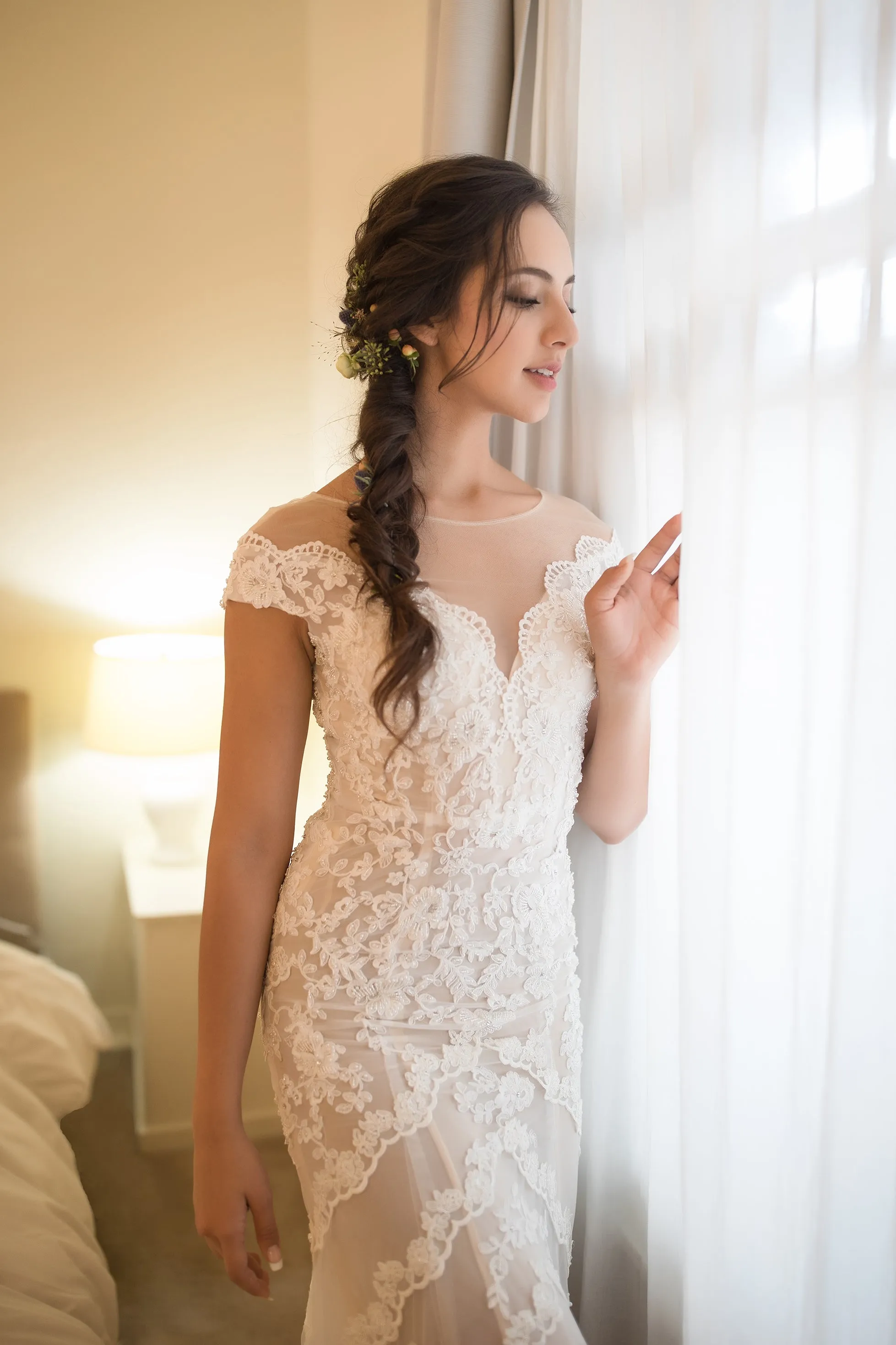 Rosia - Selena Huan crystal and pearl beaded Chantilly lace illusive back mermaid gown
