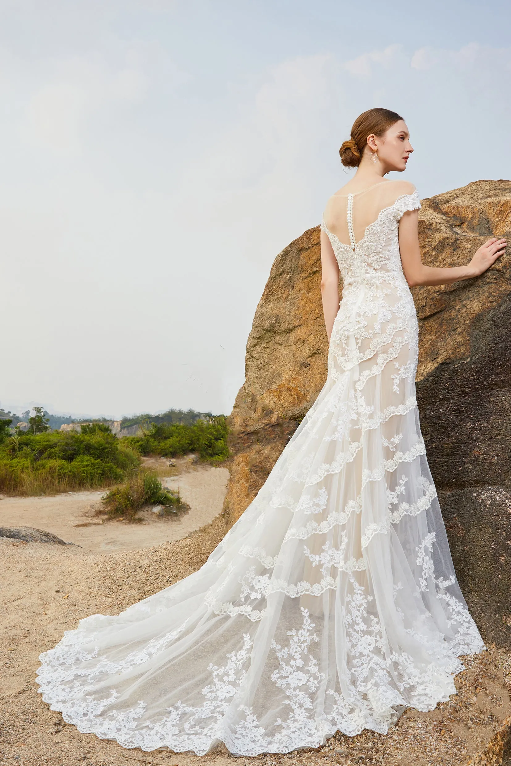 Rosiana - Selena Huan crystal and pearl beaded Chantilly lace illusive back mermaid gown