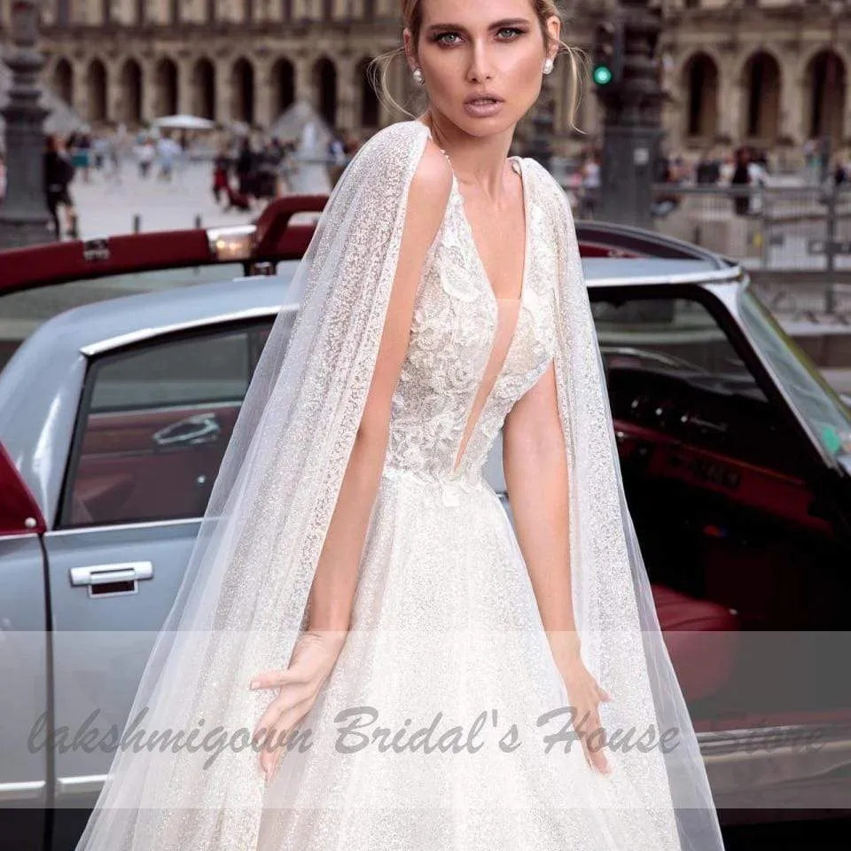 Roycebridal Ivory Tulle Wedding Dress Long Cape V Neck