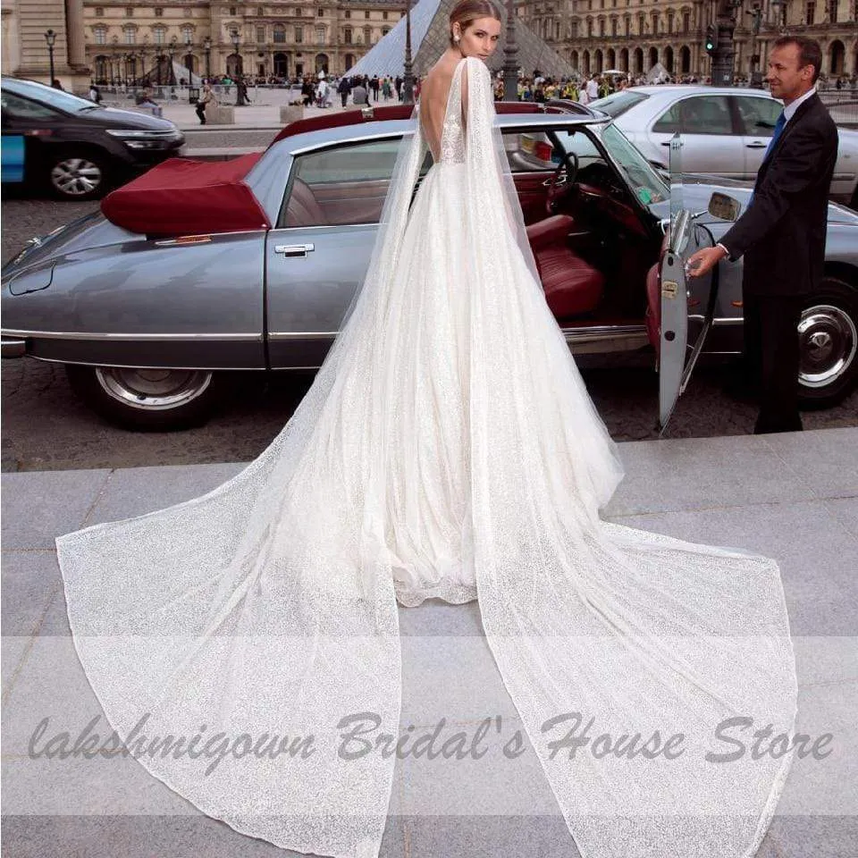 Roycebridal Ivory Tulle Wedding Dress Long Cape V Neck