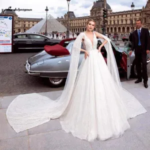 Roycebridal Ivory Tulle Wedding Dress Long Cape V Neck
