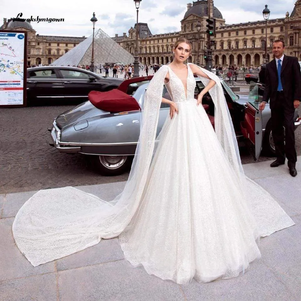 Roycebridal Ivory Tulle Wedding Dress Long Cape V Neck
