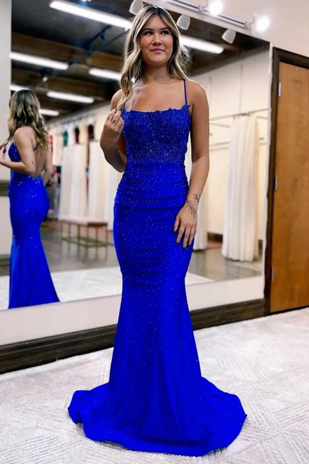 Roycebridal Jimena |Mermaid Spaghetti Straps Dark Green Long Prom Dress with Appliques