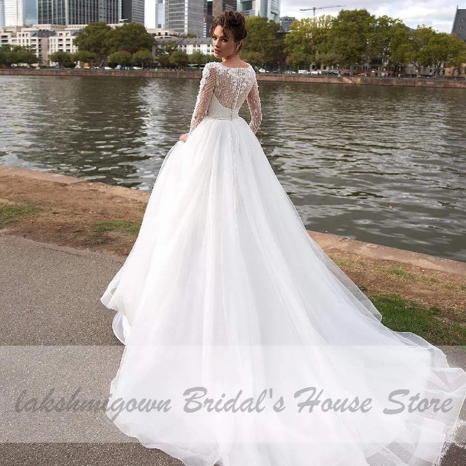 Roycebridal Long Sleeve Wedding Dress A Line Style Flower Lace