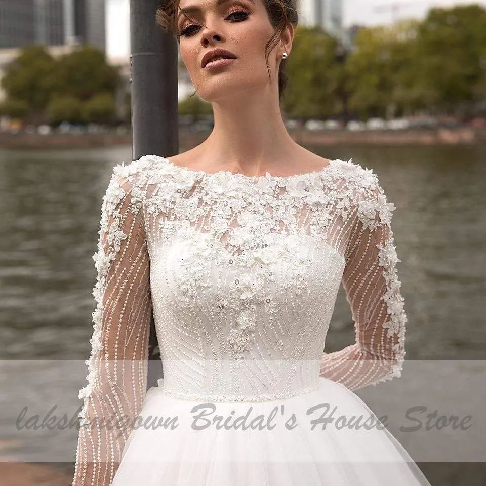 Roycebridal Long Sleeve Wedding Dress A Line Style Flower Lace