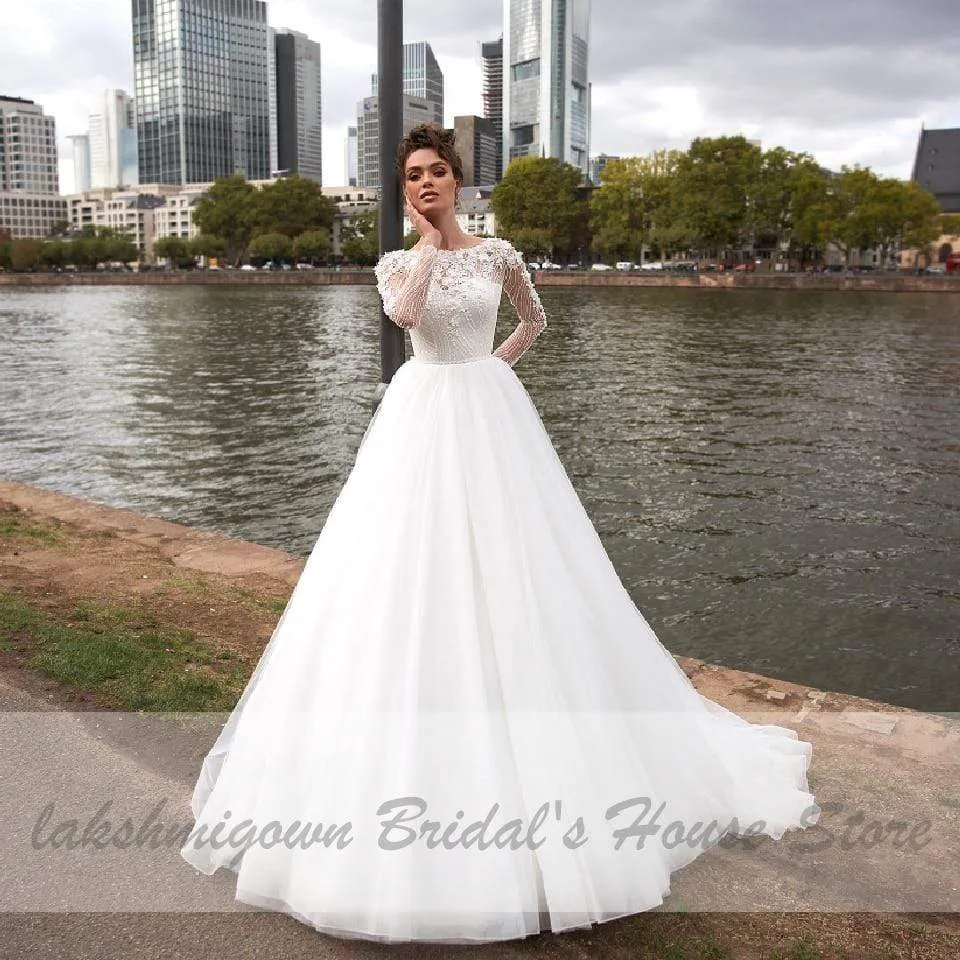 Roycebridal Long Sleeve Wedding Dress A Line Style Flower Lace
