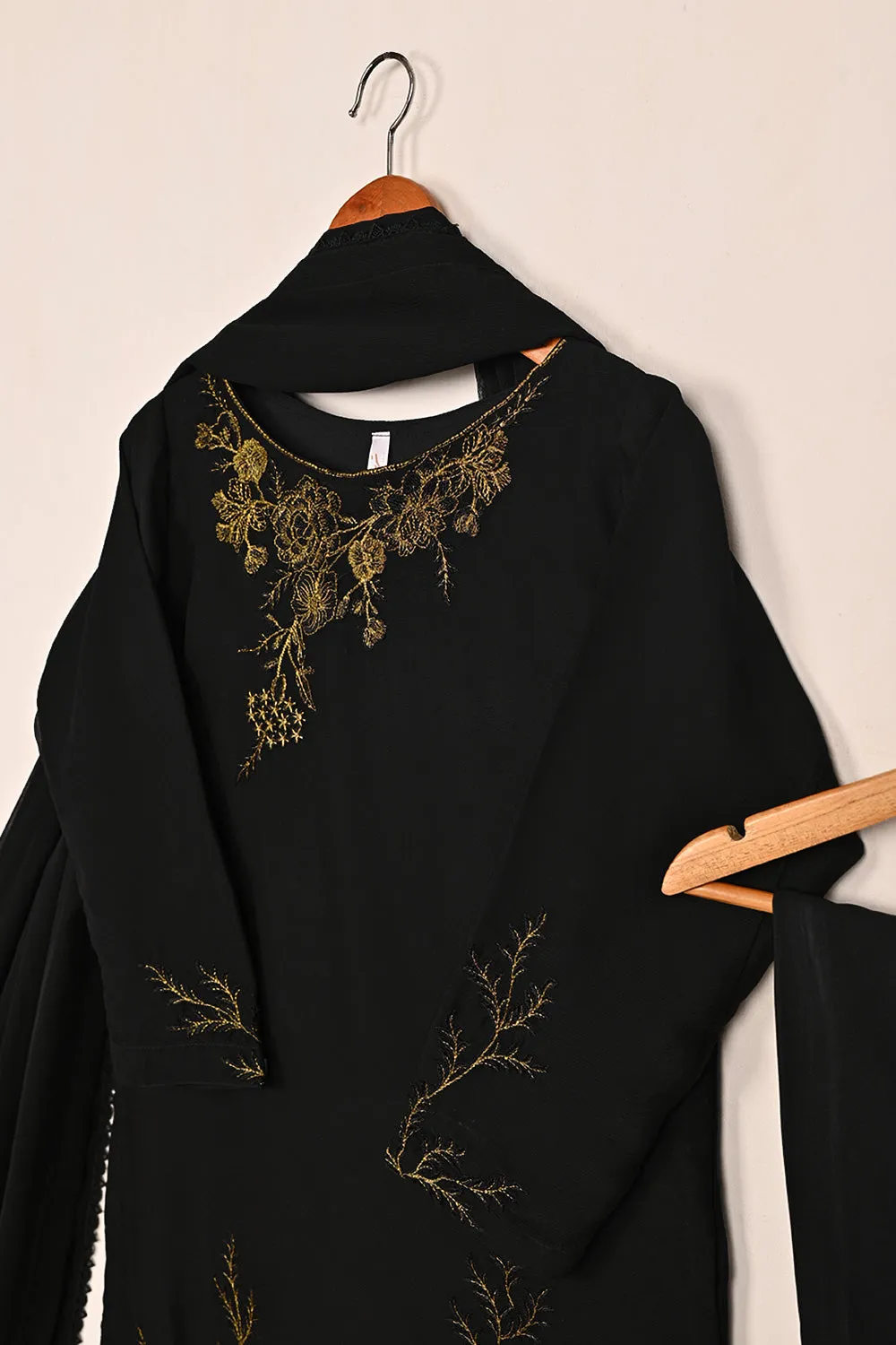 RTW-219-Black -  3Pc Ready to Wear Embroidered Chiffon Dress