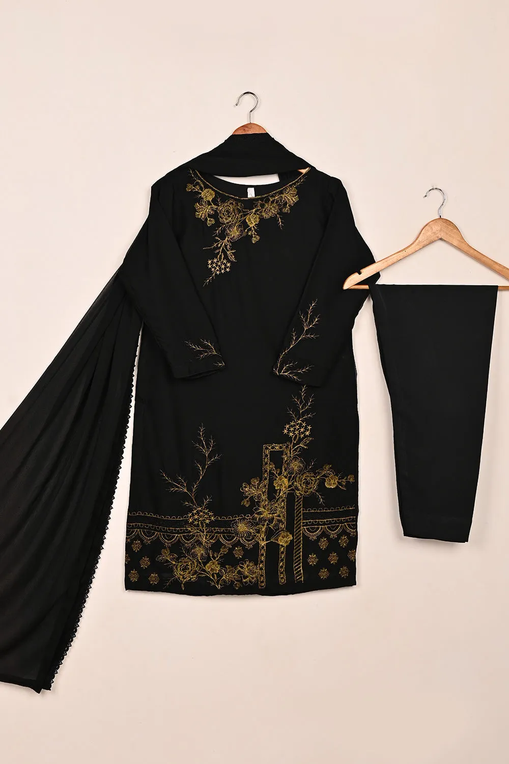 RTW-219-Black -  3Pc Ready to Wear Embroidered Chiffon Dress