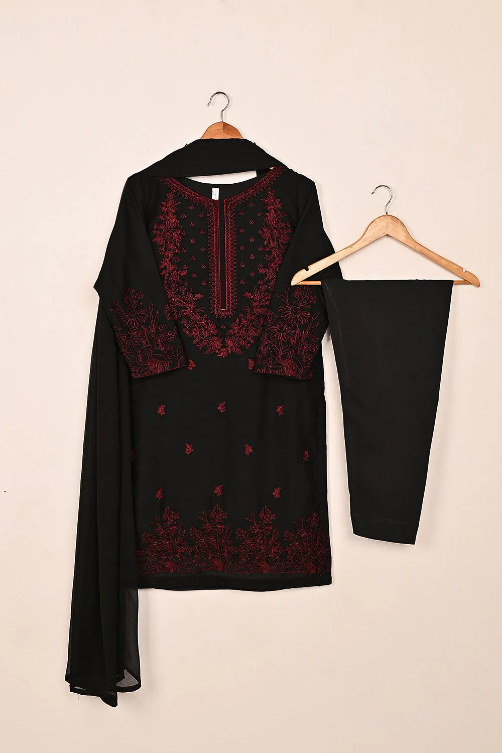 RTW-221-Black -  3Pc Ready to Wear Embroidered Chiffon Dress