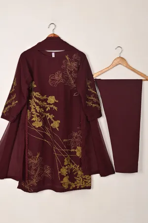 RTW-287-Maroon -  3Pc Ready to Wear Embroidered Chiffon Dress