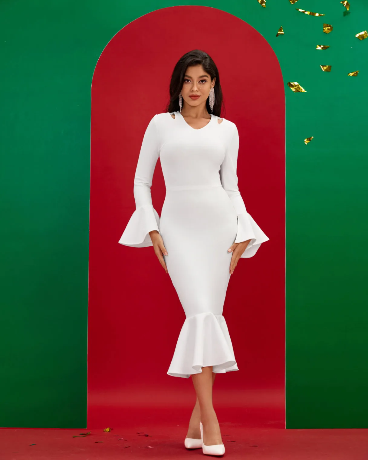 Ruffle Trim Mermaid Hem Midi Bandage Dress
