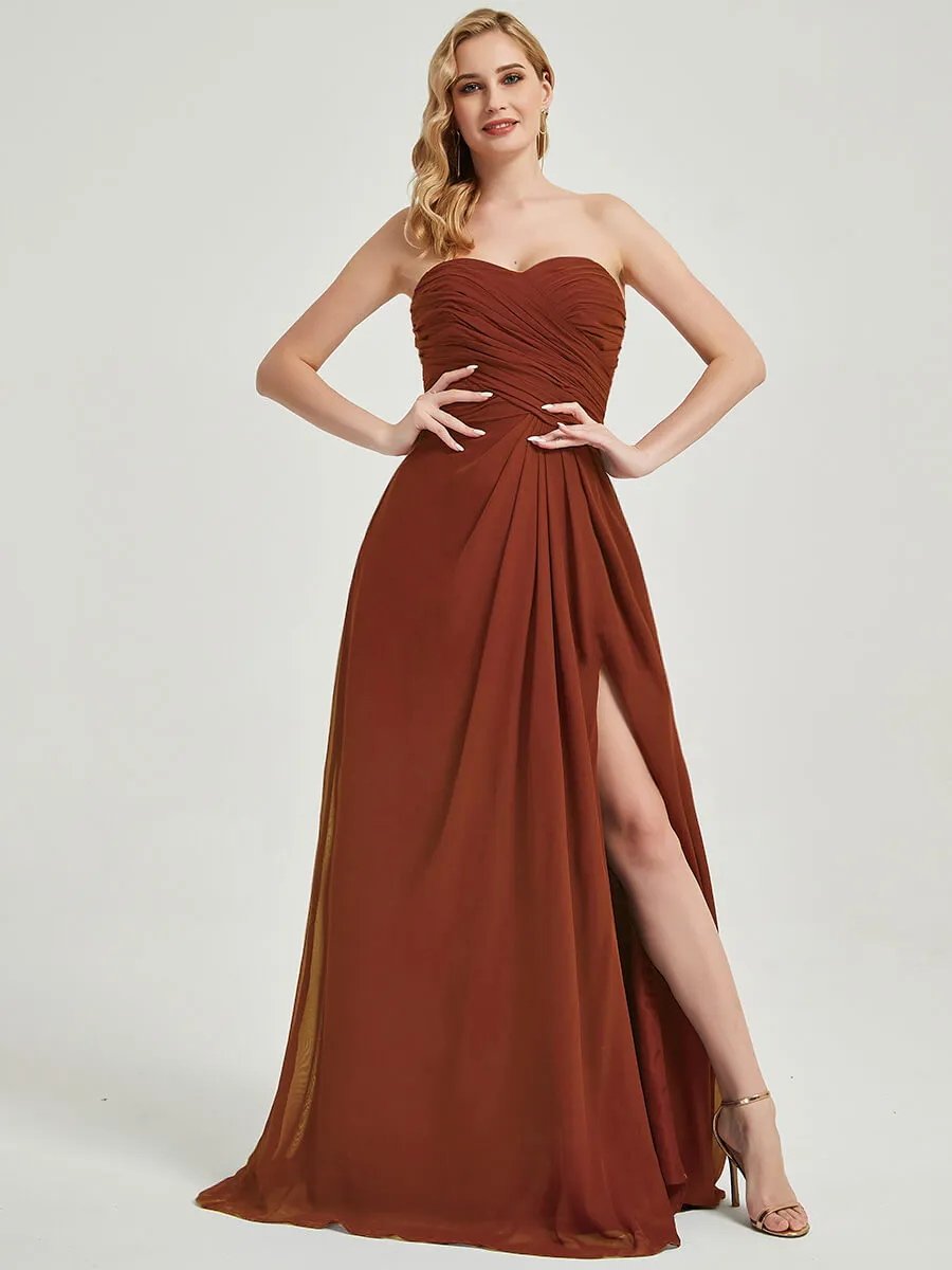 Rusty Red Strapless Floor-Length A-Line Bridesmaid Dress with Slit