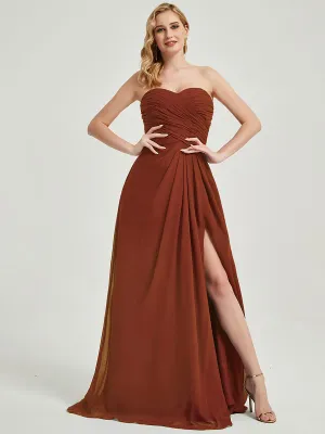 Rusty Red Strapless Floor-Length A-Line Bridesmaid Dress with Slit