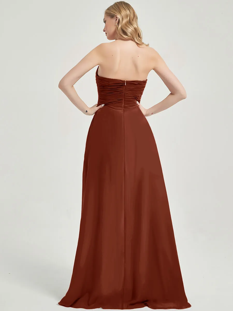 Rusty Red Strapless Floor-Length A-Line Bridesmaid Dress with Slit