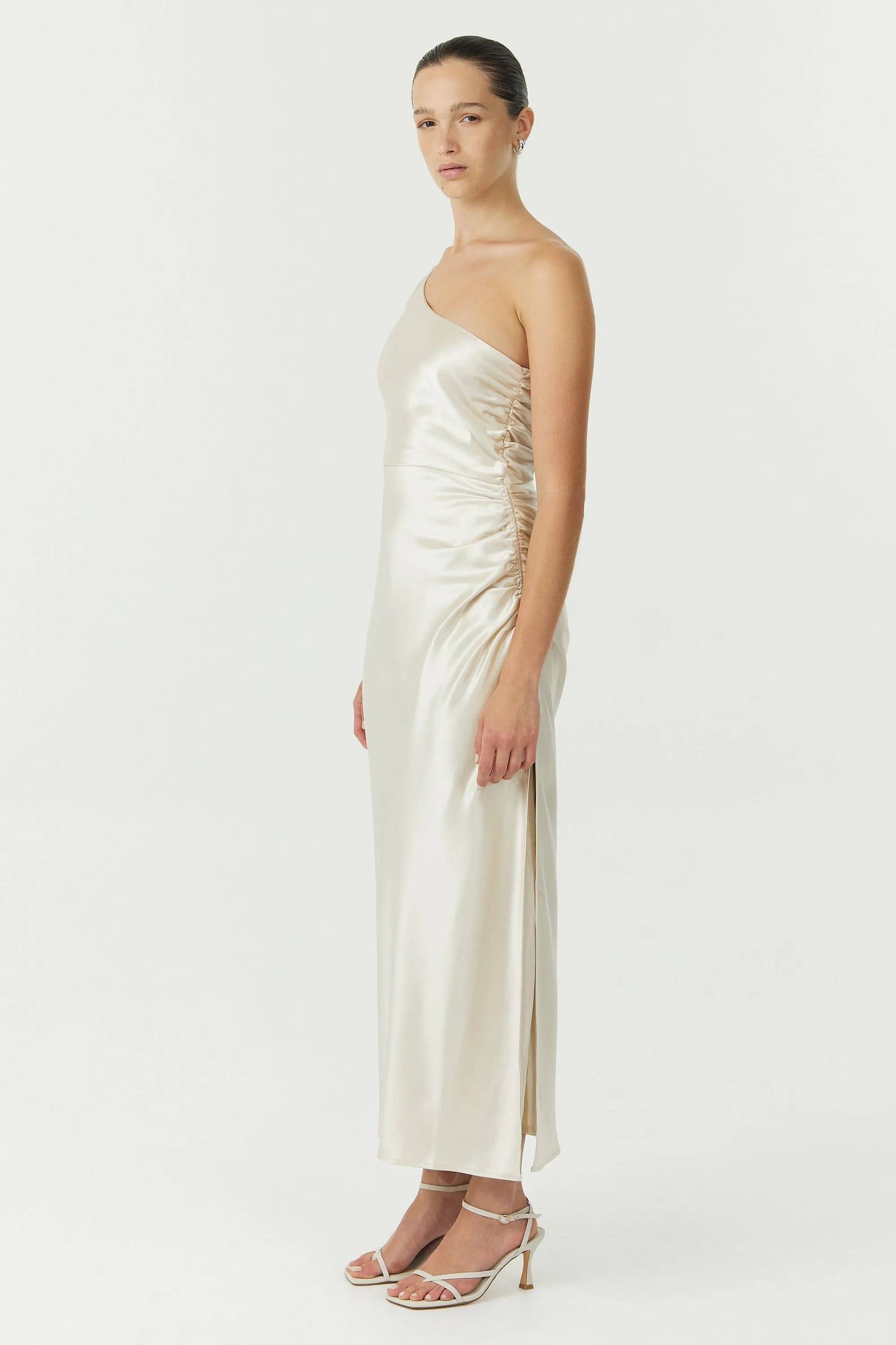 SATIN GATHER ONE SHOULDER DRESS | BUTTERCREAM