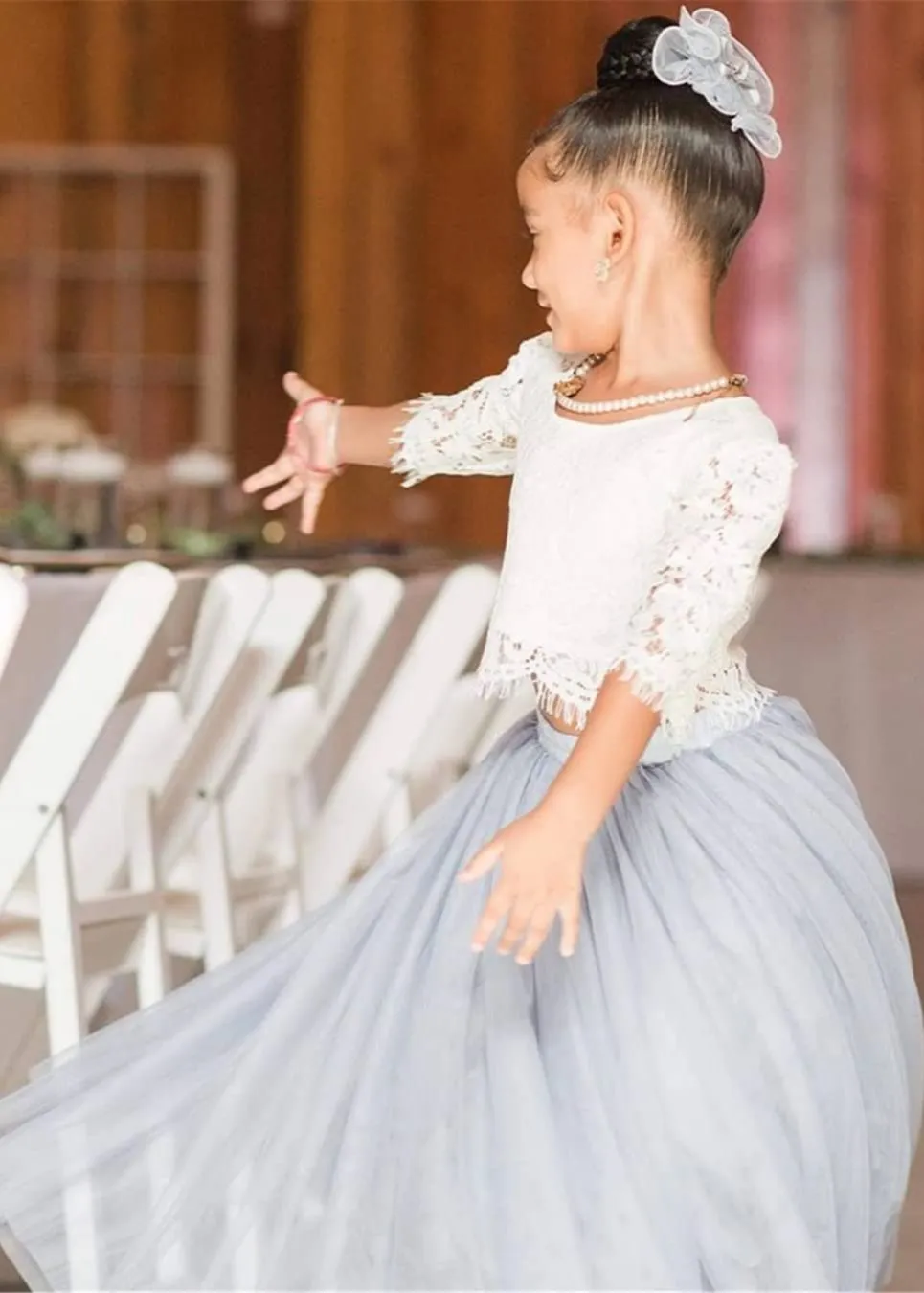 Scalloped Lace 2 Piece Girl Dress Set in Light Gray