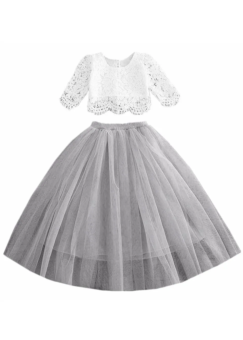 Scalloped Lace 2 Piece Girl Dress Set in Light Gray