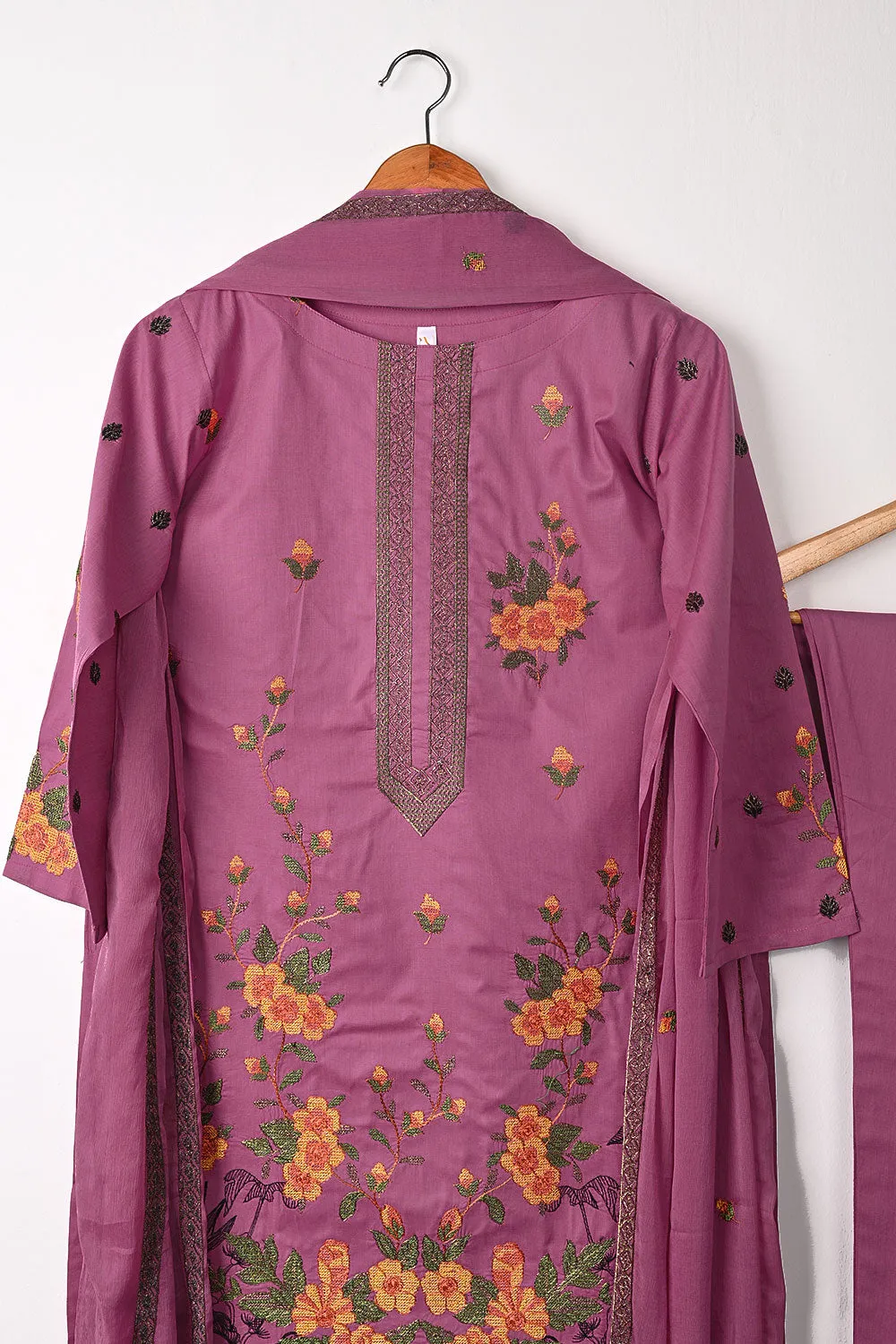 SEC-1B-Pink - 3Pc Stitched Cotton Embroidered Dress With Chiffon Embroidered Dupatta