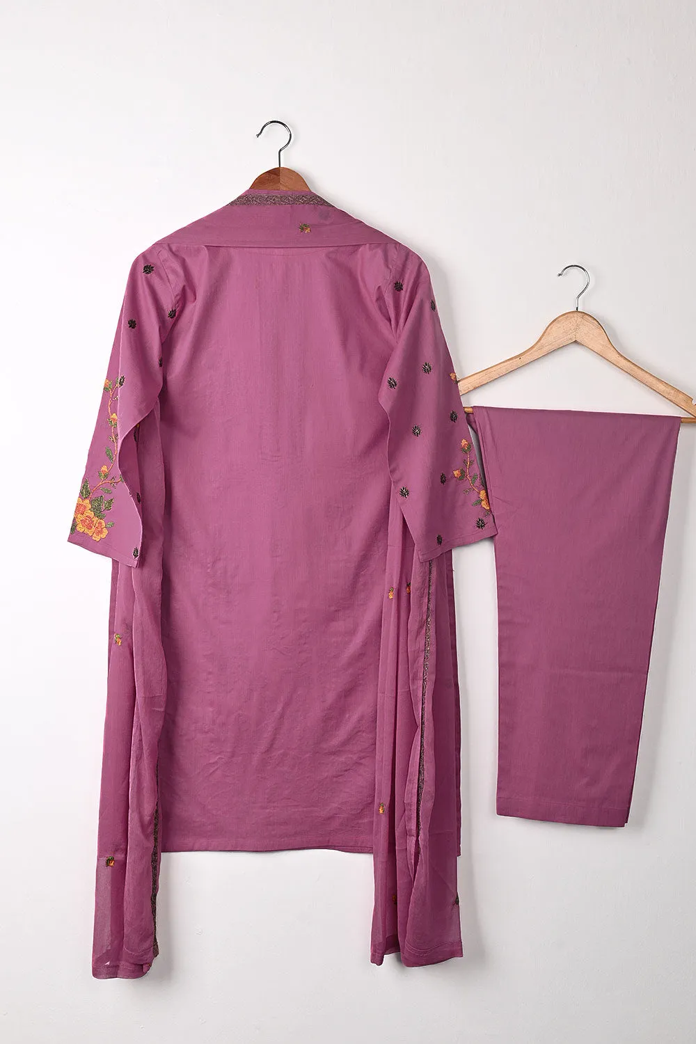 SEC-1B-Pink - 3Pc Stitched Cotton Embroidered Dress With Chiffon Embroidered Dupatta