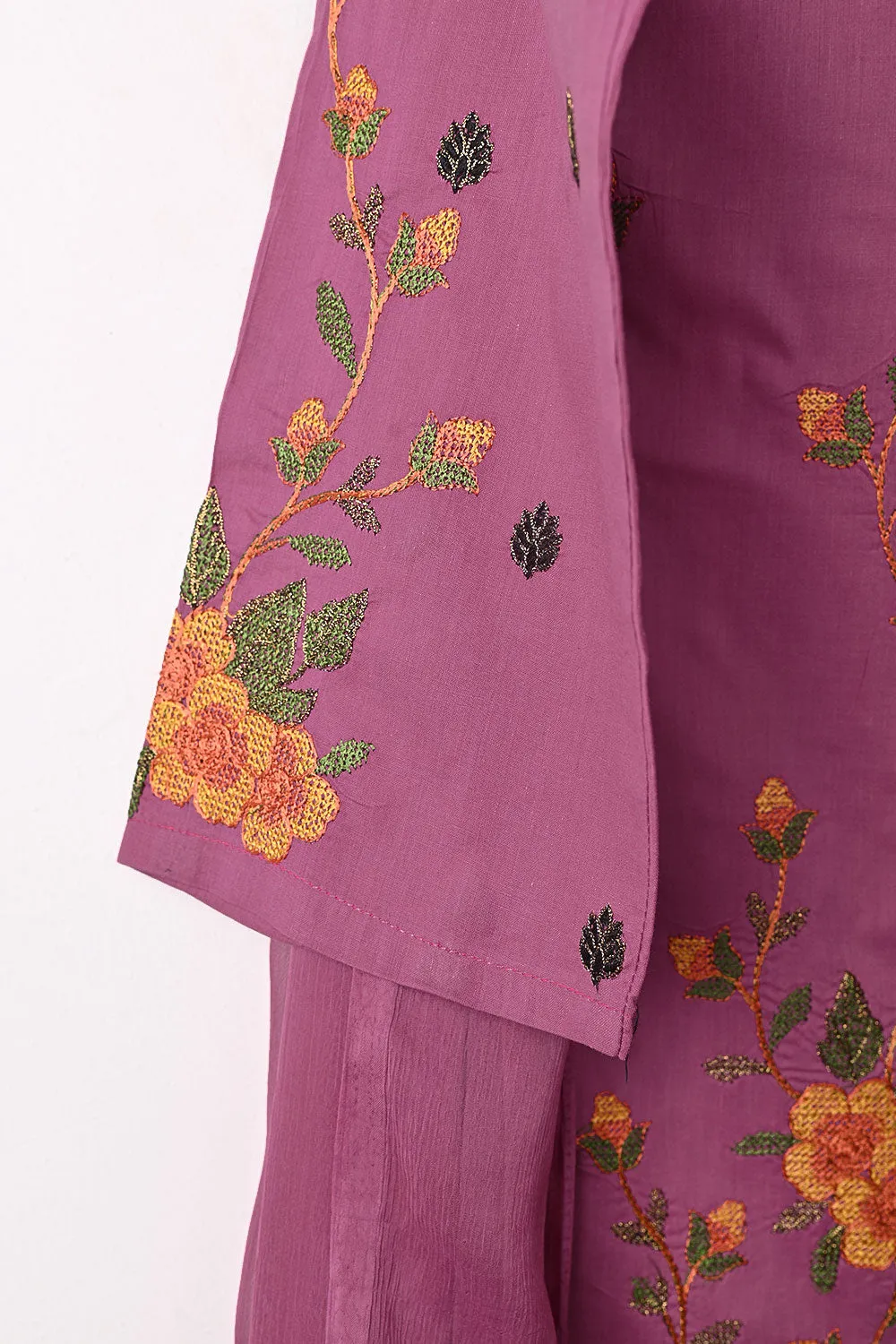 SEC-1B-Pink - 3Pc Stitched Cotton Embroidered Dress With Chiffon Embroidered Dupatta
