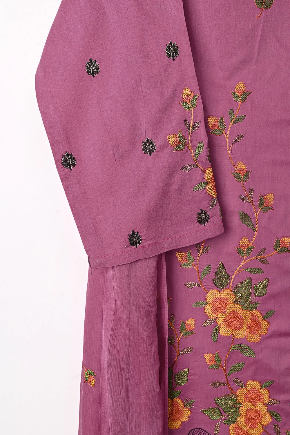 SEC-1B-Pink - 3Pc Stitched Cotton Embroidered Dress With Chiffon Embroidered Dupatta