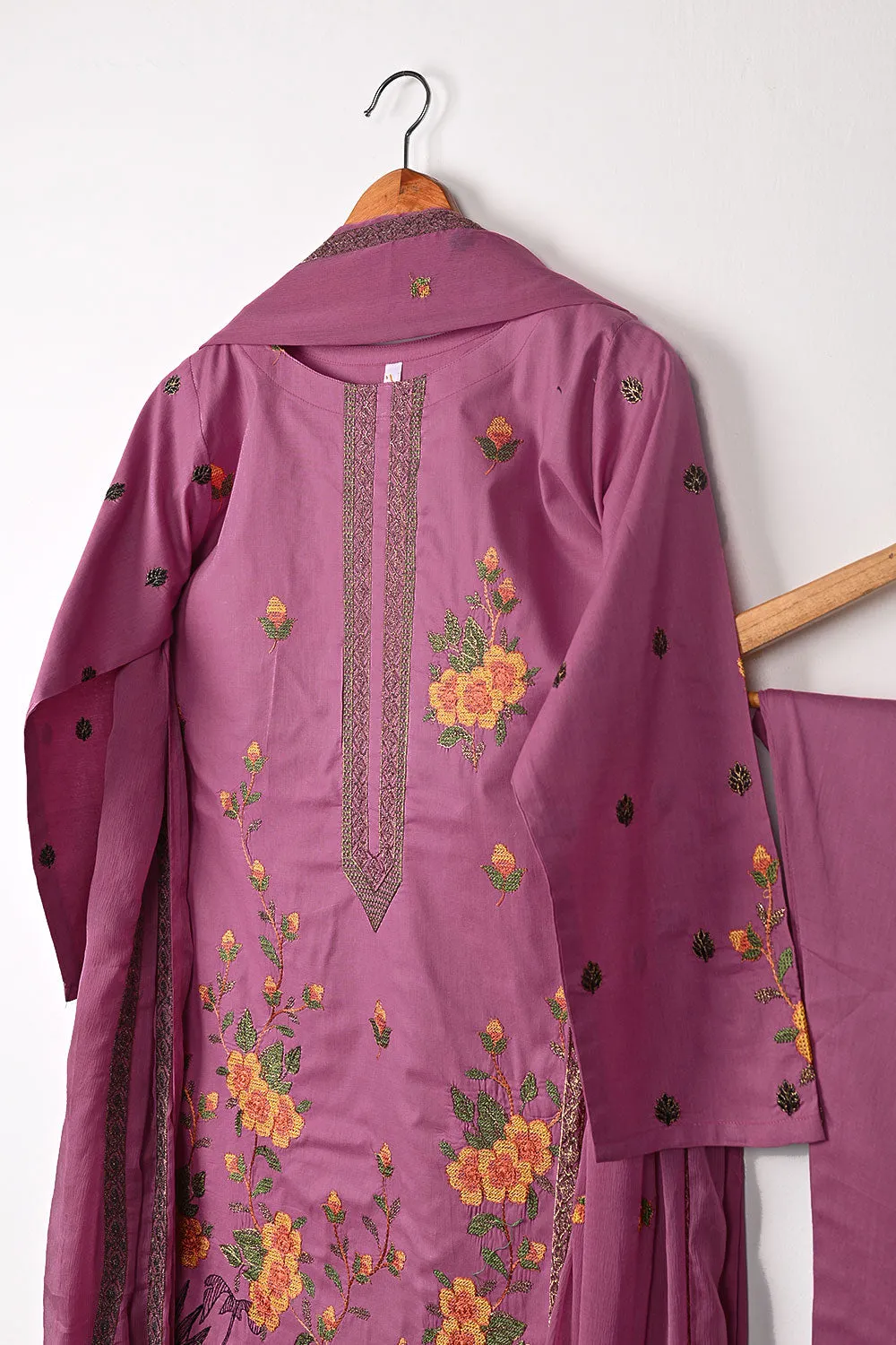 SEC-1B-Pink - 3Pc Stitched Cotton Embroidered Dress With Chiffon Embroidered Dupatta