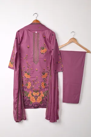SEC-1B-Pink - 3Pc Stitched Cotton Embroidered Dress With Chiffon Embroidered Dupatta