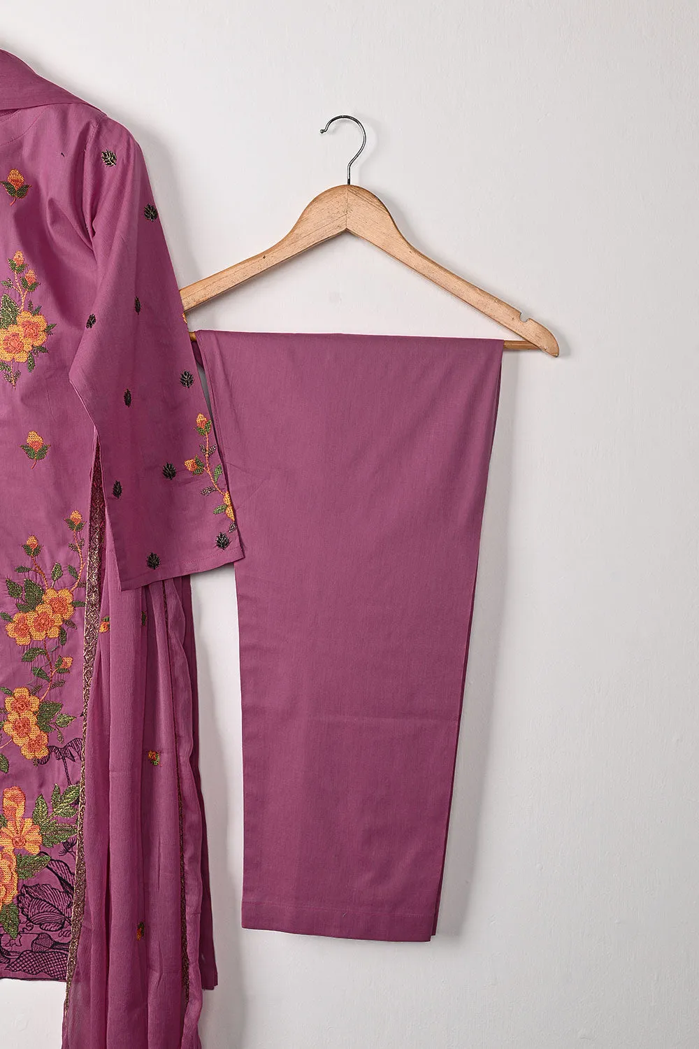 SEC-1B-Pink - 3Pc Stitched Cotton Embroidered Dress With Chiffon Embroidered Dupatta