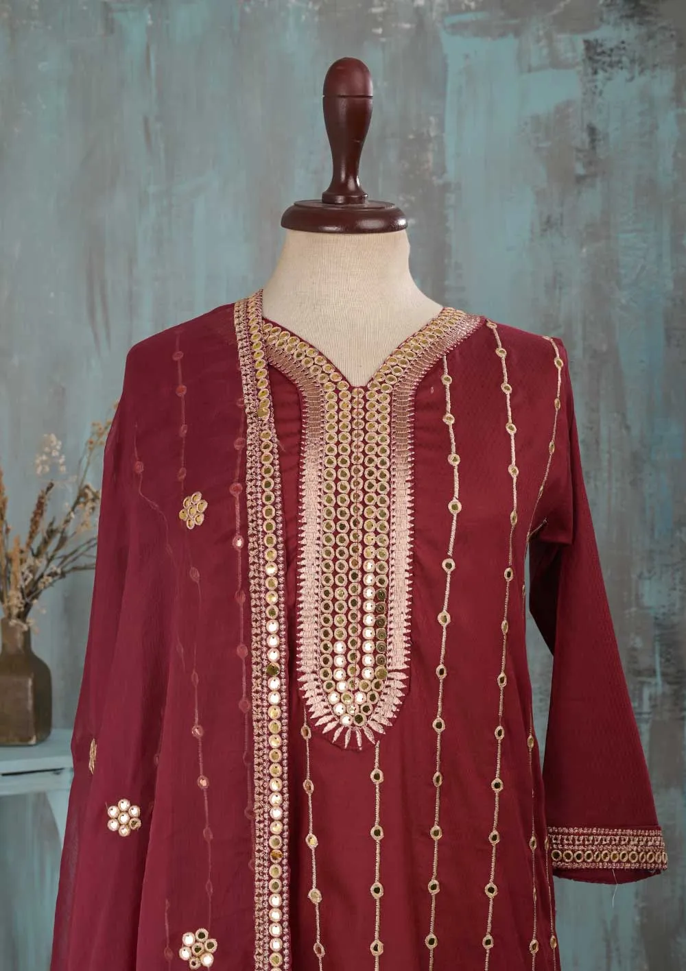 SEC-2B-Maroon - 3Pc Stitched Cotton Embroidered Dress