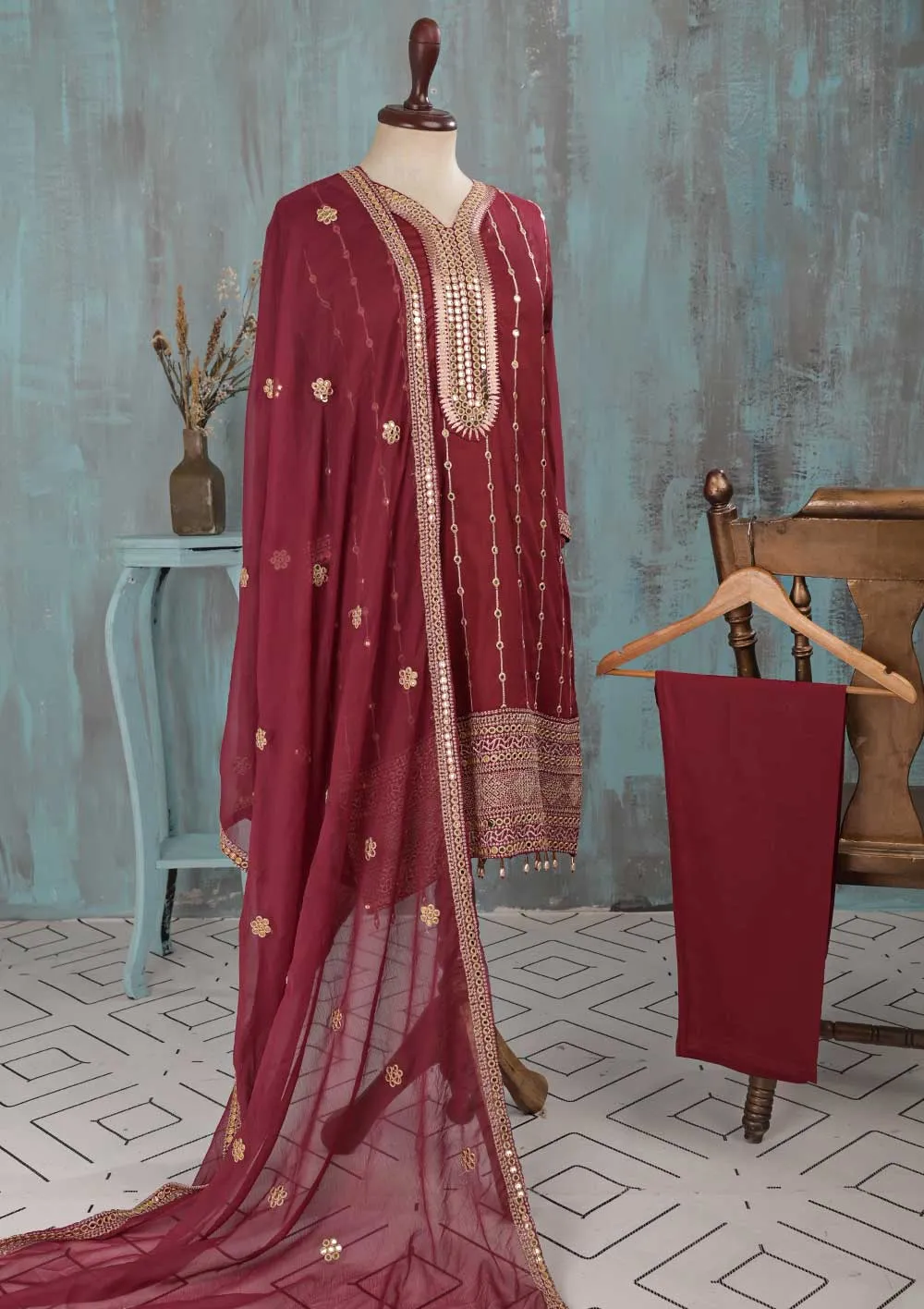 SEC-2B-Maroon - 3Pc Stitched Cotton Embroidered Dress