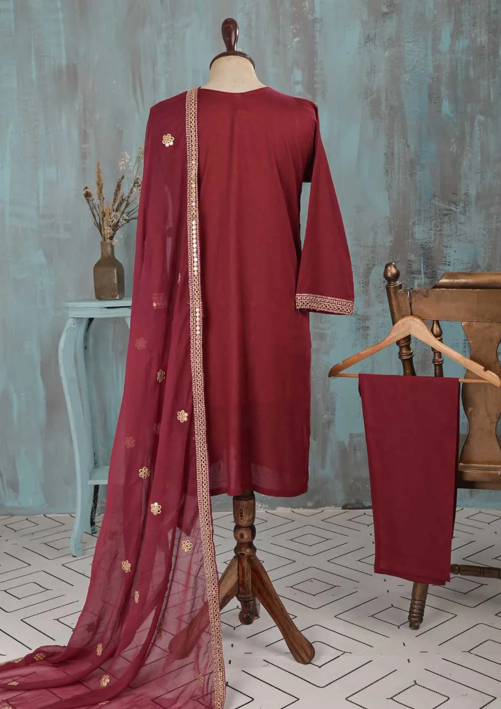 SEC-2B-Maroon - 3Pc Stitched Cotton Embroidered Dress