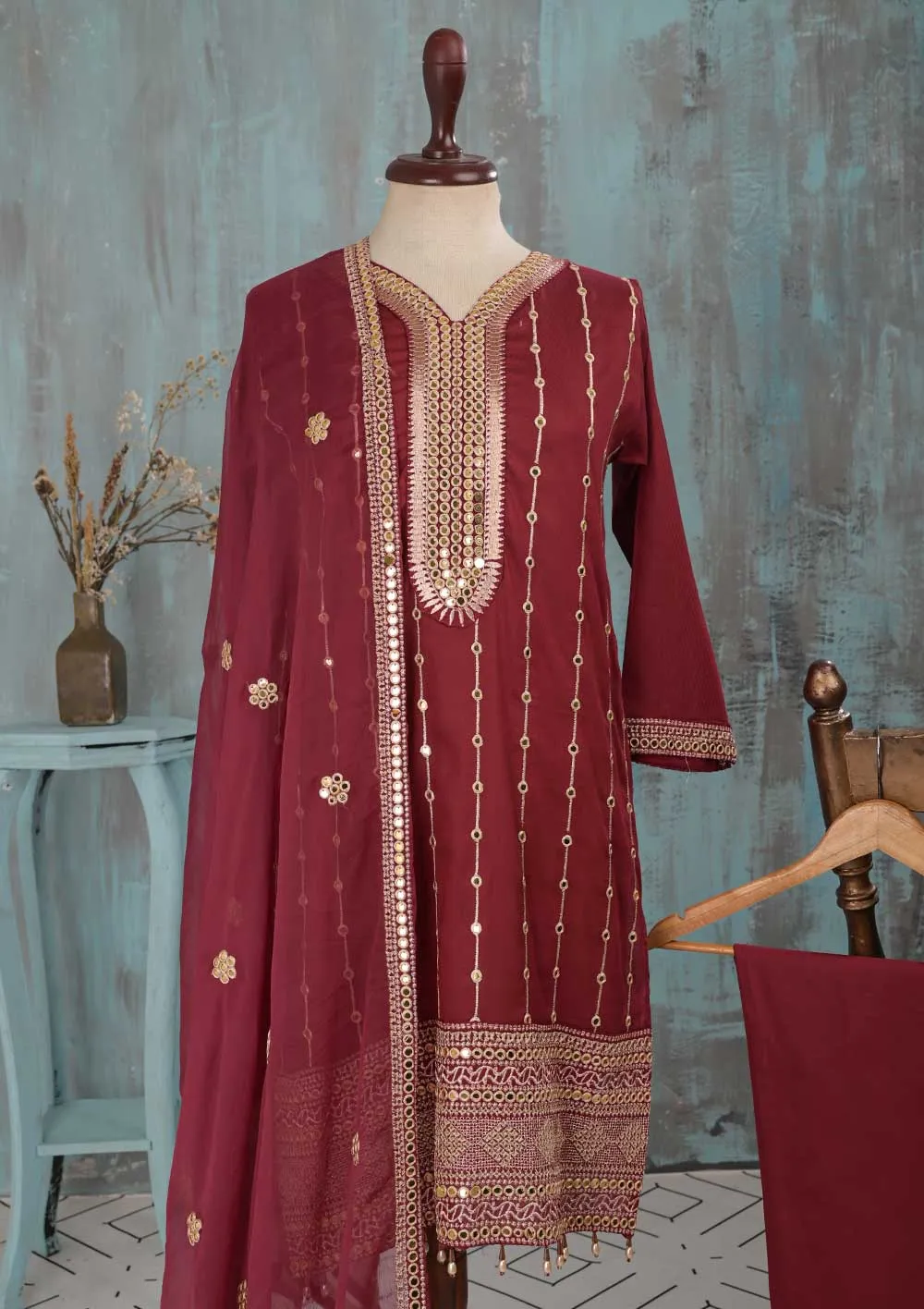 SEC-2B-Maroon - 3Pc Stitched Cotton Embroidered Dress