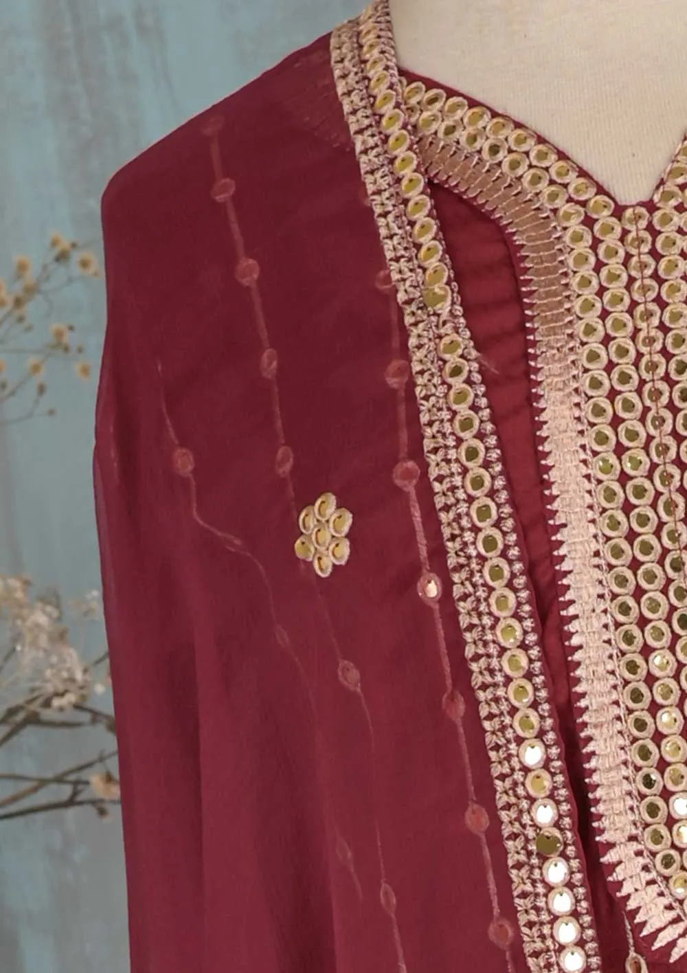 SEC-2B-Maroon - 3Pc Stitched Cotton Embroidered Dress