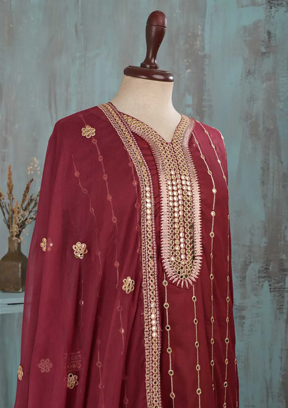 SEC-2B-Maroon - 3Pc Stitched Cotton Embroidered Dress