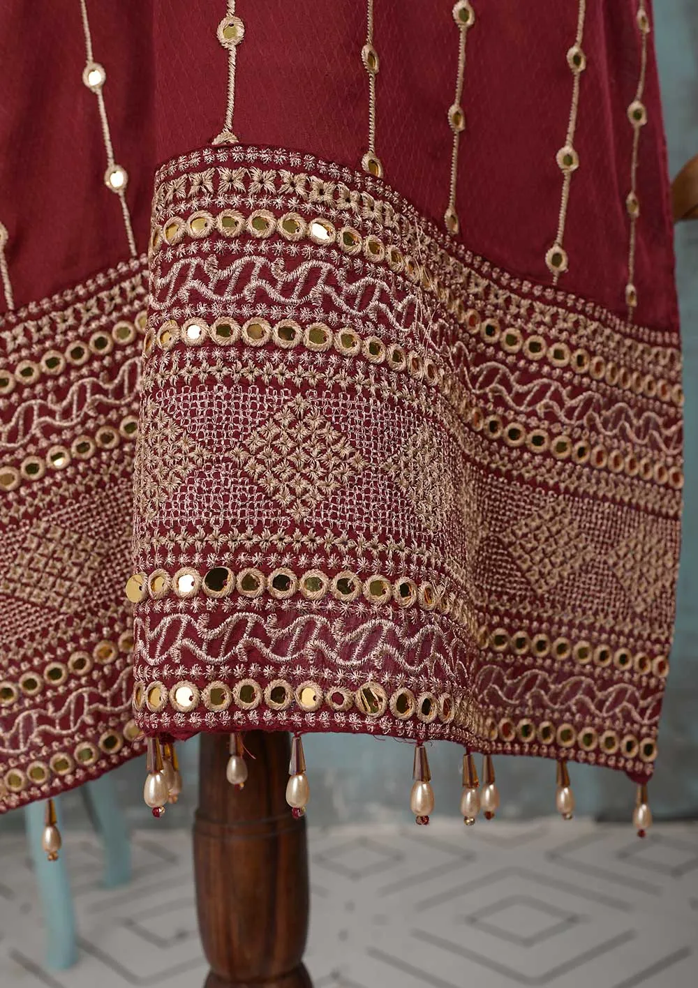 SEC-2B-Maroon - 3Pc Stitched Cotton Embroidered Dress