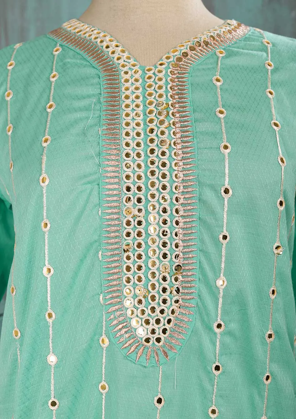 SEC-2D-SeaGreen - 3Pc Stitched Cotton Embroidered Dress